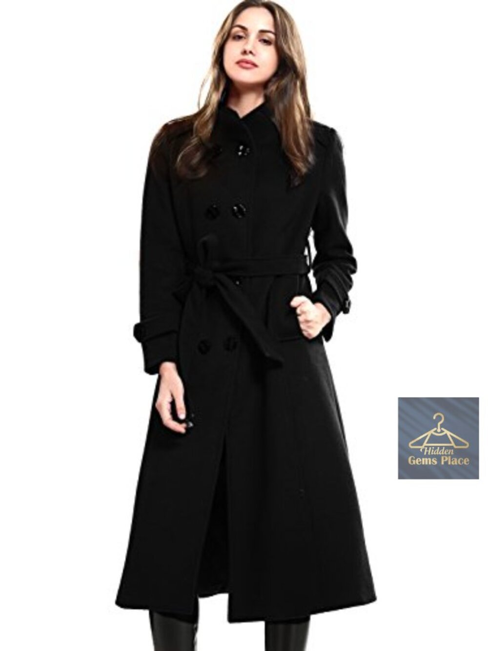 Women's 50% Wool Long Trench Coat Double-Breasted Winter Jacket with Belt